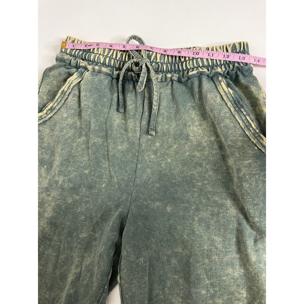 Zenana Acid Washed French Terry Palazzo Pants Small Olive Green Drawstring - Picture 5 of 10